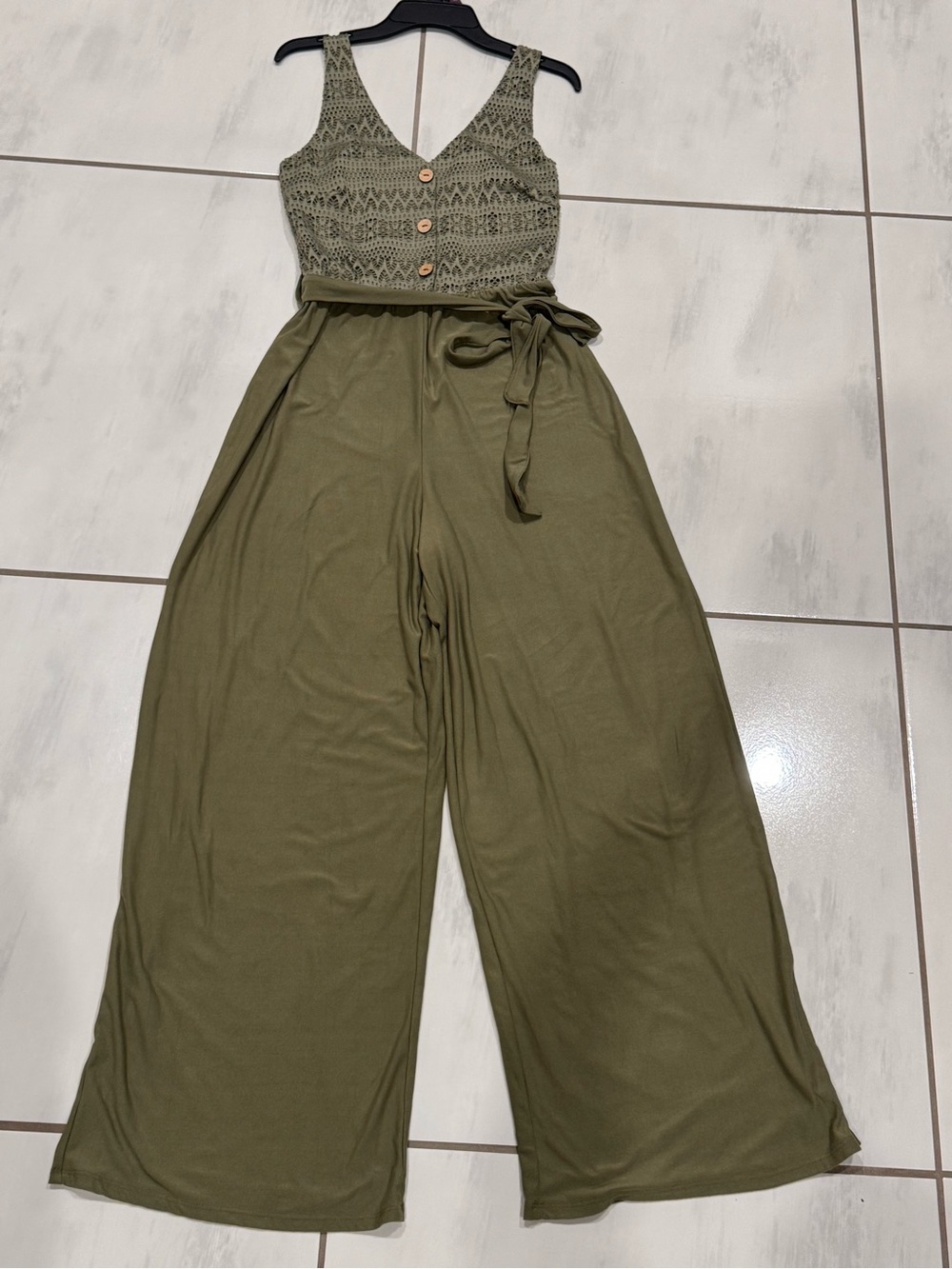 Derek Heart Olive Green Wide-Leg Jumpsuit with Crocheted Bodice